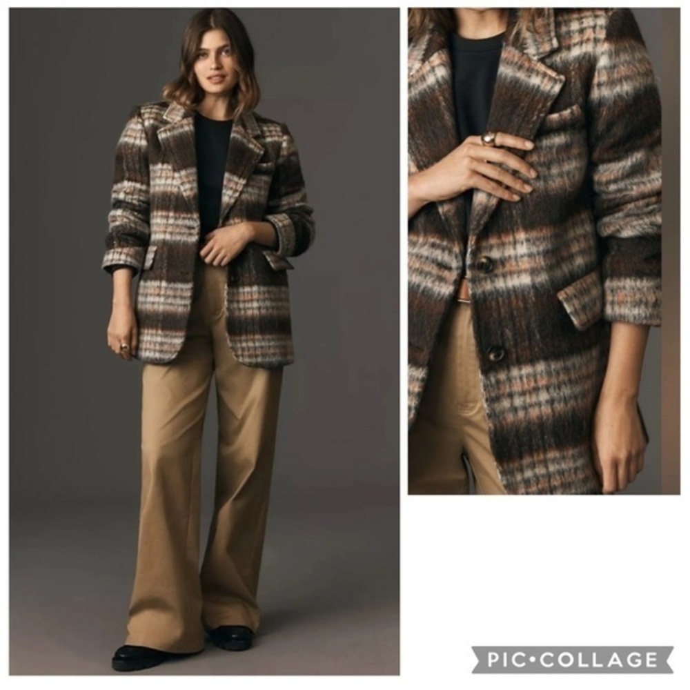 Anthropologie Maeve Brown Brushed Plaid Blazer size L